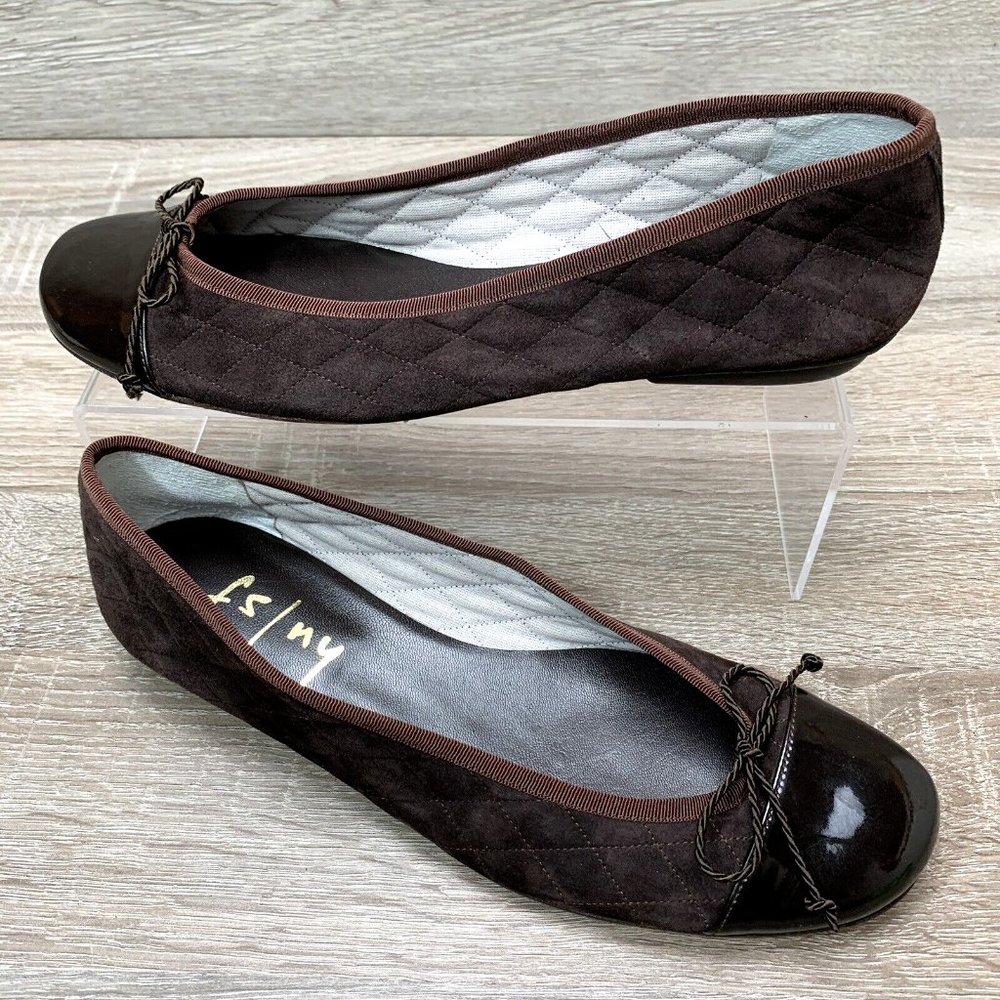 FS/NY Passport Quilted Suede Ballet Flat Patent Cap Toe Bow French Sole Brown 8